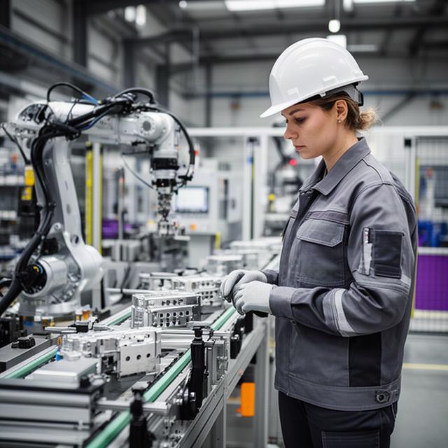 Ingeniera con casco revisando una línea de producción automatizada en una planta industrial moderna