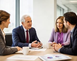 Sahm Barraco, socio director, conversando con un equipo directivo en una sala de reuniones