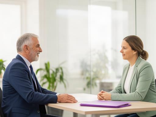 Fundador de una empresa de distribución conversando con su nuevo director general en una oficina luminosa